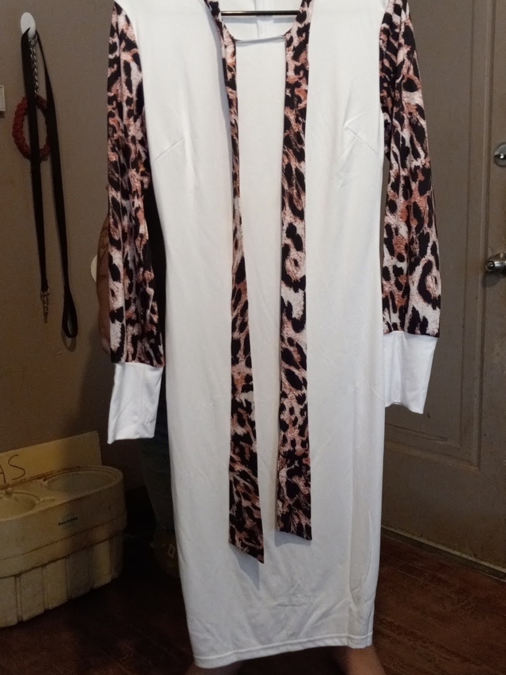 White Long Sleeve Dress with Leopard Trim